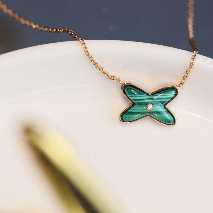 [⭐Hyrra Jewelry]JEUX MALACHITE 1 DIAMOND PINK GOLD NECKLACE