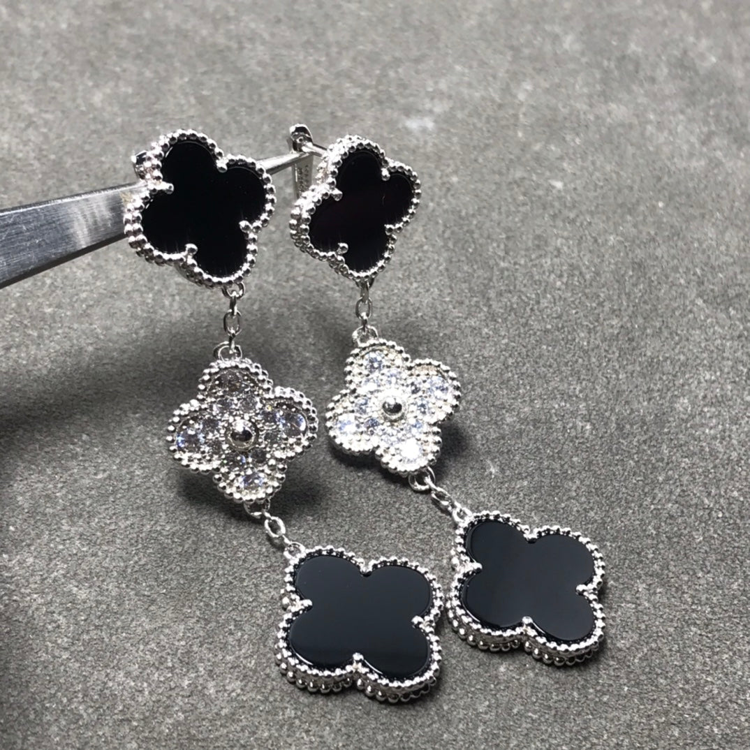 [⭐Hyrra Jewelry]CLOVER 3 MOTIF DIAMOND ONYX SILVER EARRINGS