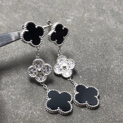 [⭐Hyrra Jewelry]CLOVER 3 MOTIF DIAMOND ONYX SILVER EARRINGS