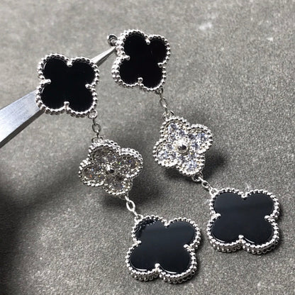 [⭐Hyrra Jewelry]CLOVER 3 MOTIF DIAMOND ONYX SILVER EARRINGS