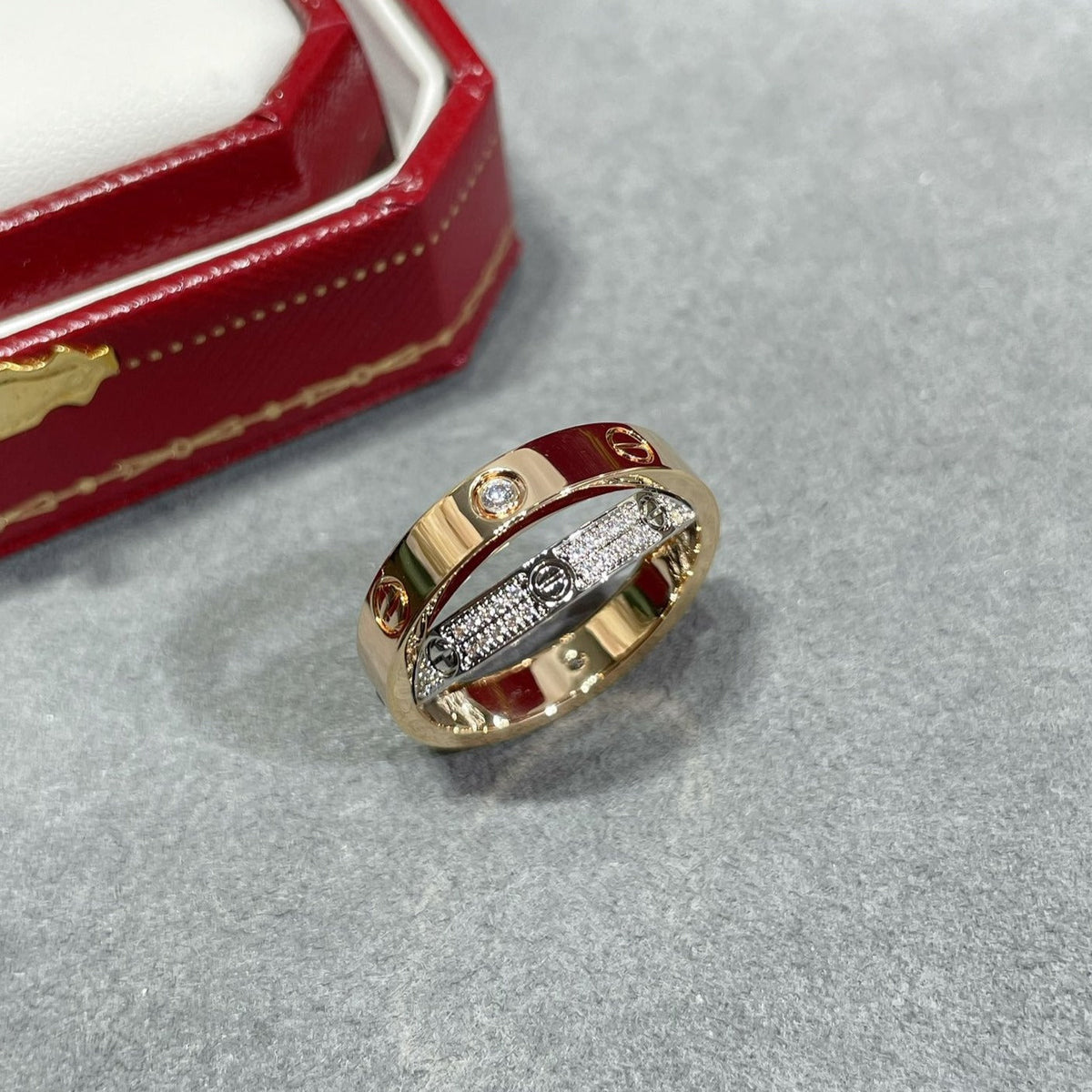 [⭐Hyrra Jewelry]LOVE PINK GOLD SILVER DIAMOND DOUBLE RING