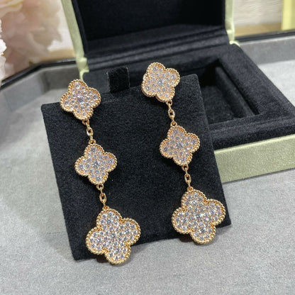 [⭐Hyrra Jewelry]CLOVER 3 MOTIFS DIAMOND PAVED ROSE GOLD EARRINGS