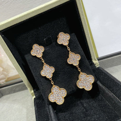 [⭐Hyrra Jewelry]CLOVER 3 MOTIFS DIAMOND PAVED ROSE GOLD EARRINGS