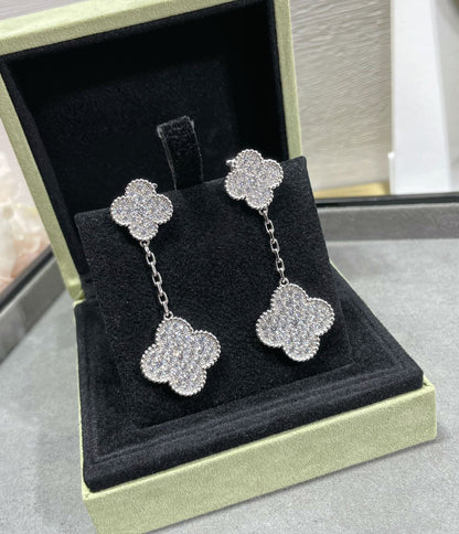 [⭐Hyrra Jewelry]CLOVER 2 MOTIFS DIAMOND PAVED SILVER EARRINGS