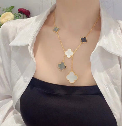 [⭐Hyrra Jewelry]CLOVER 6 MOTIF MOP ONYX GOLD NECKLACE