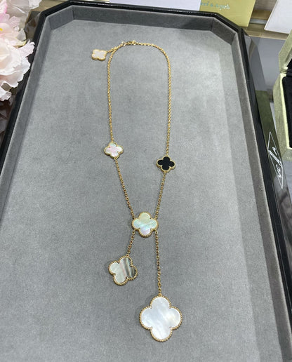 [⭐Hyrra Jewelry]CLOVER 6 MOTIF MOP ONYX GOLD NECKLACE
