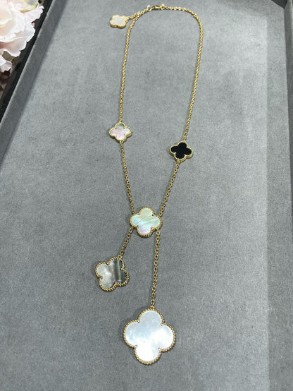[⭐Hyrra Jewelry]CLOVER 6 MOTIF MOP ONYX GOLD NECKLACE