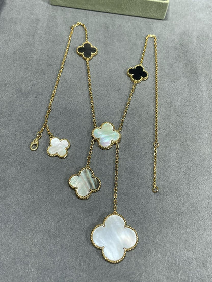 [⭐Hyrra Jewelry]CLOVER 6 MOTIF MOP ONYX GOLD NECKLACE