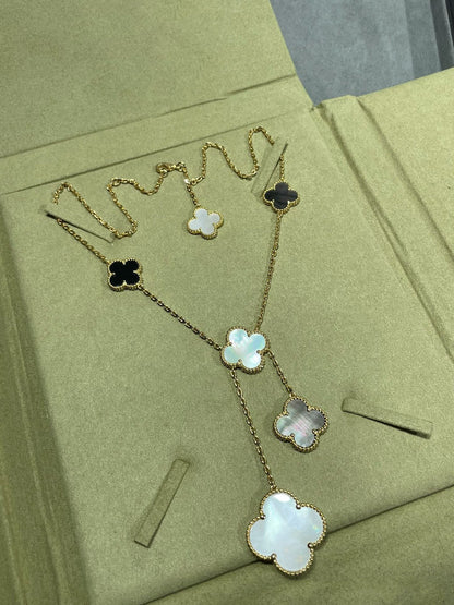 [⭐Hyrra Jewelry]CLOVER 6 MOTIF MOP ONYX GOLD NECKLACE