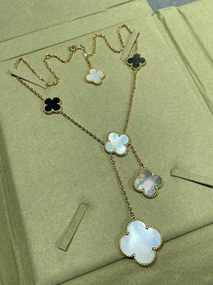 [⭐Hyrra Jewelry]CLOVER 6 MOTIF MOP ONYX GOLD NECKLACE