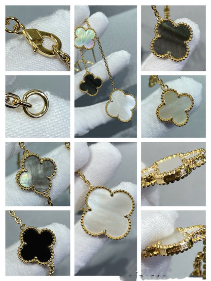 [⭐Hyrra Jewelry]CLOVER 6 MOTIF MOP ONYX GOLD NECKLACE