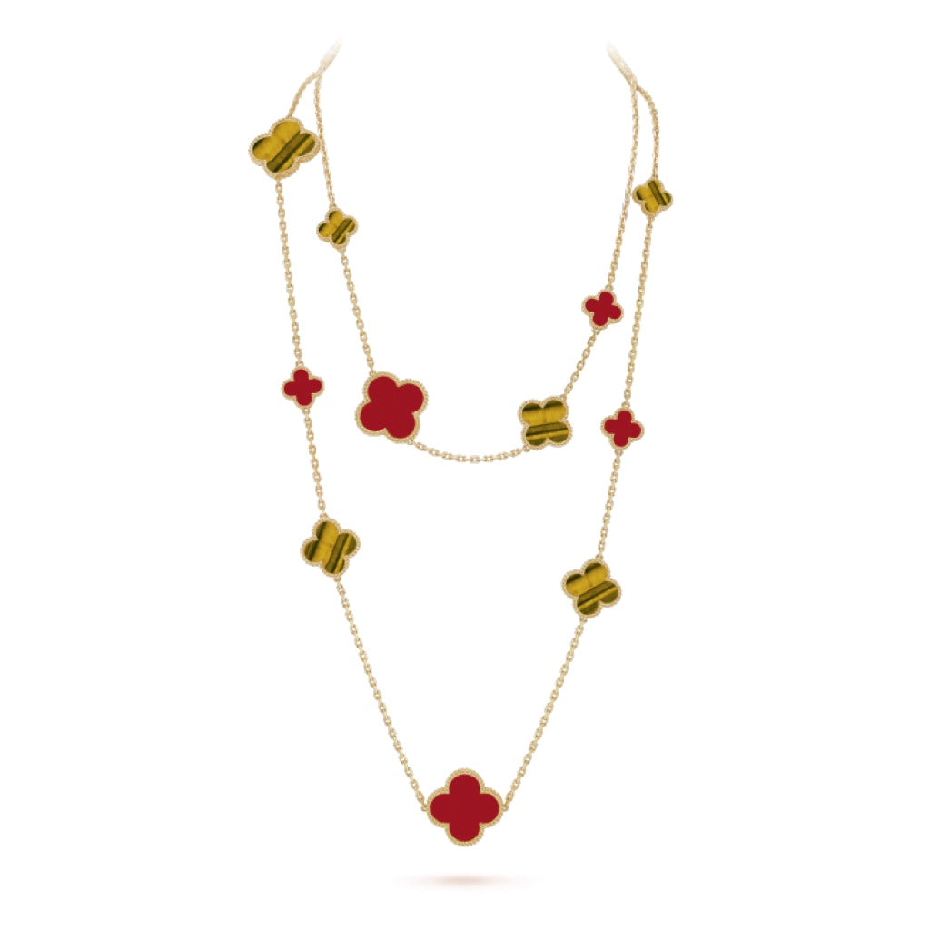 [⭐Hyrra Jewelry]CLOVER 16 MOTIF CARNELIAN TIGER EYE ROSE GOLD NECKLACE