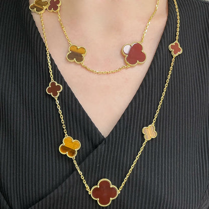 [⭐Hyrra Jewelry]CLOVER 16 MOTIF CARNELIAN TIGER EYE ROSE GOLD NECKLACE