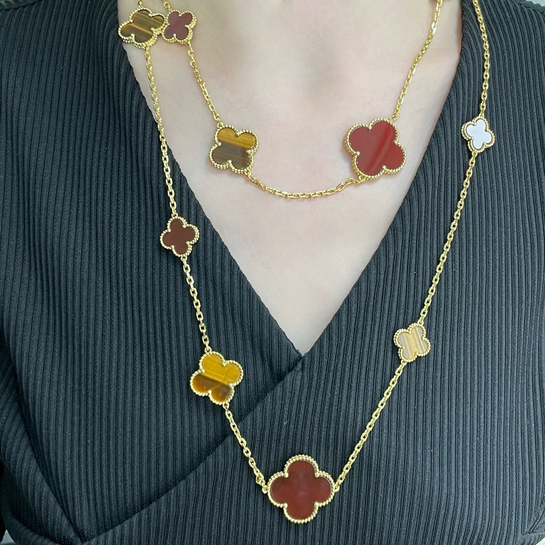 [⭐Hyrra Jewelry]CLOVER 16 MOTIF CARNELIAN TIGER EYE ROSE GOLD NECKLACE