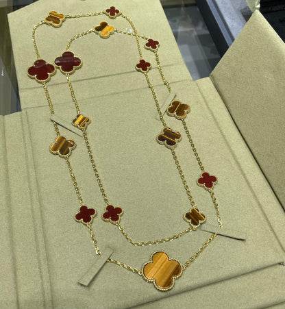 [⭐Hyrra Jewelry]CLOVER 16 MOTIF CARNELIAN TIGER EYE ROSE GOLD NECKLACE
