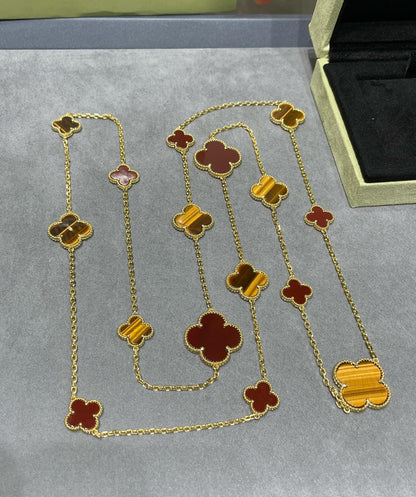 [⭐Hyrra Jewelry]CLOVER 16 MOTIF CARNELIAN TIGER EYE ROSE GOLD NECKLACE