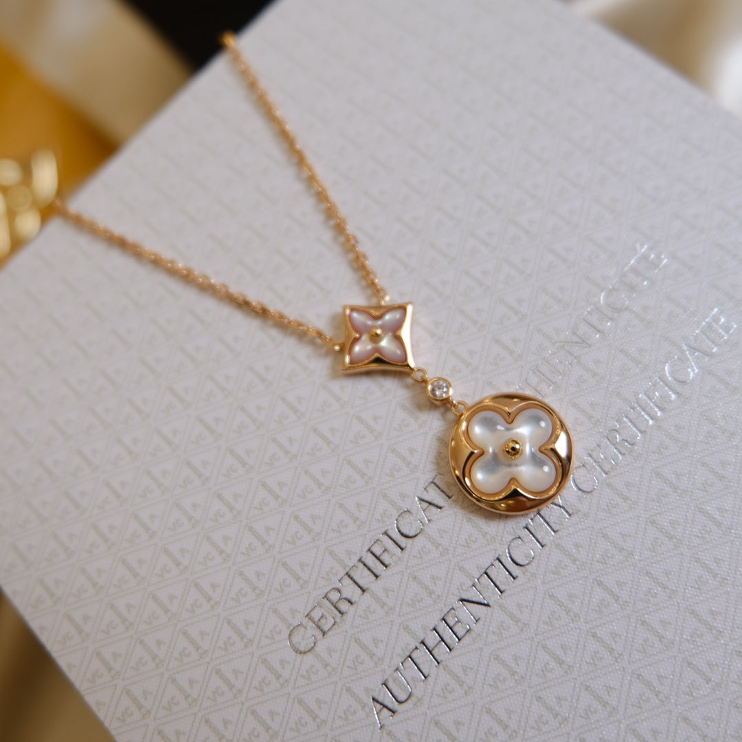 [⭐Hyrra Jewelry]STAR AND SUN WHITE MOP 2 MOTIF PINK GOLD NECKLACE
