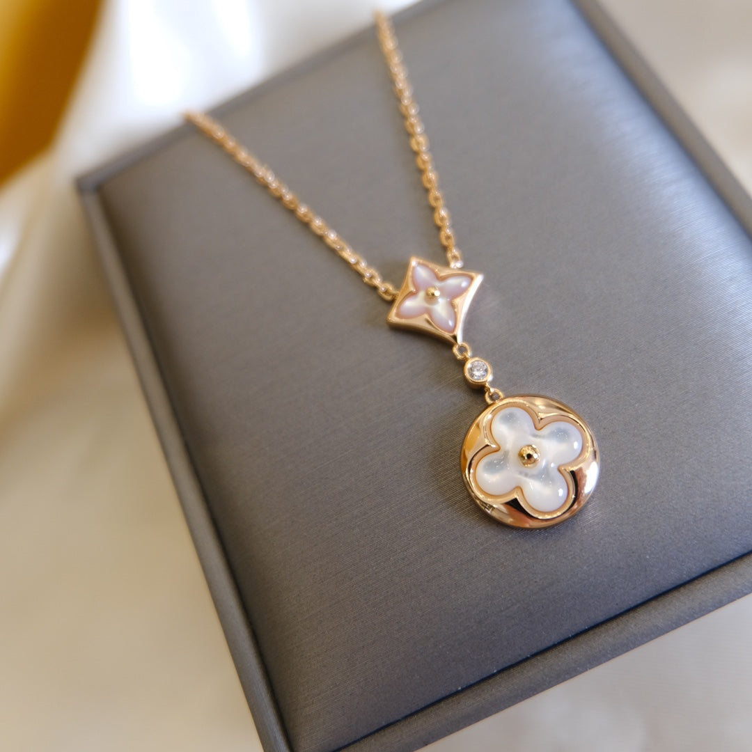 [⭐Hyrra Jewelry]STAR AND SUN WHITE MOP 2 MOTIF PINK GOLD NECKLACE