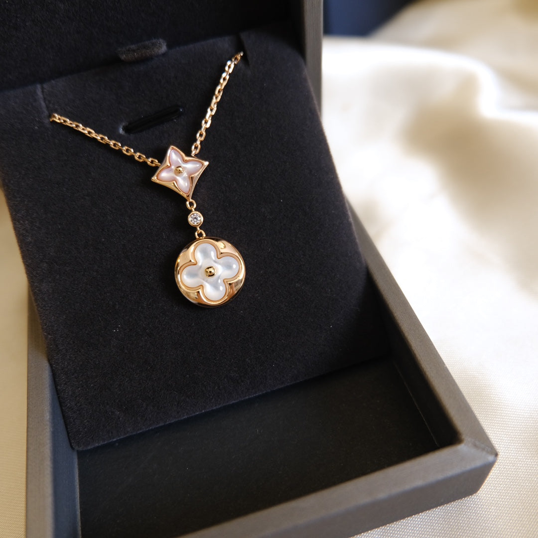 [⭐Hyrra Jewelry]STAR AND SUN WHITE MOP 2 MOTIF PINK GOLD NECKLACE