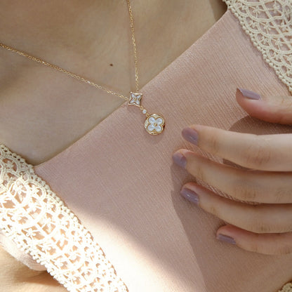 [⭐Hyrra Jewelry]STAR AND SUN WHITE MOP 2 MOTIF PINK GOLD NECKLACE