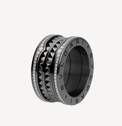 [⭐Hyrra Jewelry]ZERO 1 ROCK FOUR-BAND BLACK CERAMIC WITH STUDDED SPIRAL AND PAVED DIAMONDS RING