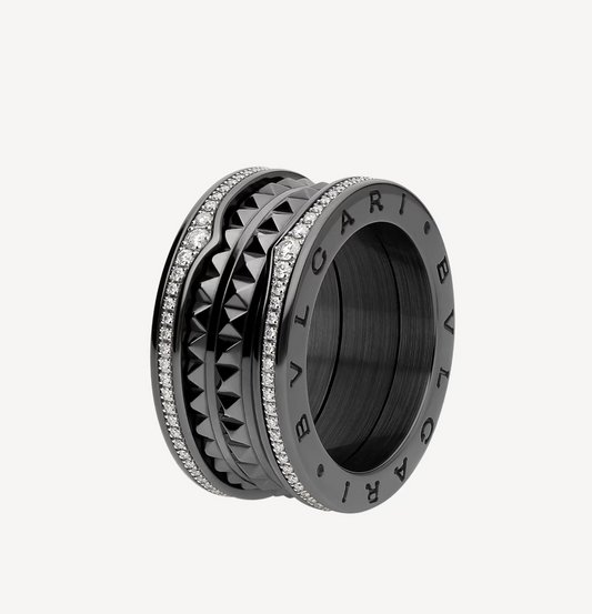 [⭐Hyrra Jewelry]ZERO 1 ROCK FOUR-BAND BLACK CERAMIC WITH STUDDED SPIRAL AND PAVED DIAMONDS RING