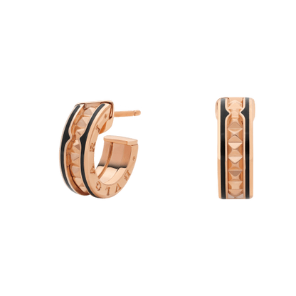 [⭐Hyrra Jewelry]ZERO 1 ROCK PINK GOLD EARRINGS WITH STUDDED SPIRAL AND BLACK CERAMIC