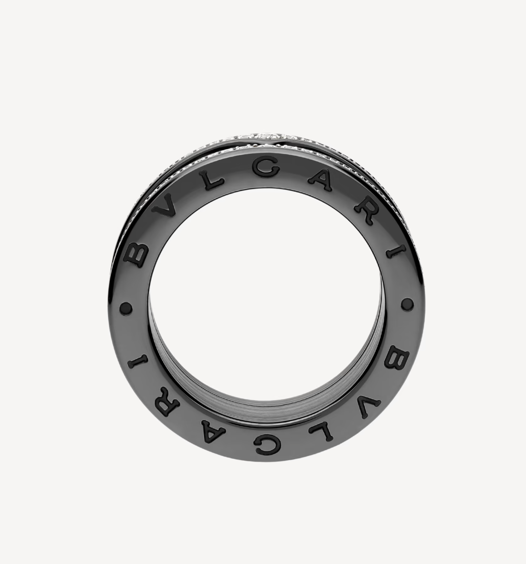 [⭐Hyrra Jewelry]ZERO 1 ROCK FOUR-BAND BLACK CERAMIC WITH STUDDED SPIRAL AND PAVED DIAMONDS RING