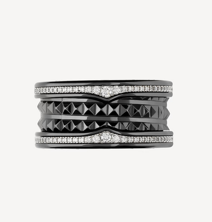 [⭐Hyrra Jewelry]ZERO 1 ROCK FOUR-BAND BLACK CERAMIC WITH STUDDED SPIRAL AND PAVED DIAMONDS RING