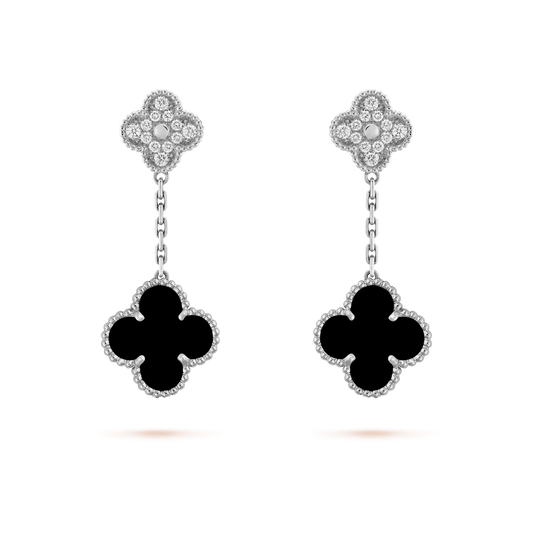 [⭐Hyrra Jewelry]CLOVER 2 MOTIFS  DIAMOND ONYX EARRINGS SILVER