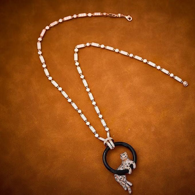 [⭐Hyrra Jewelry jewelrys]NEW BLACK CIRCLE PANTHER FULL DIAMOND NECKLACE