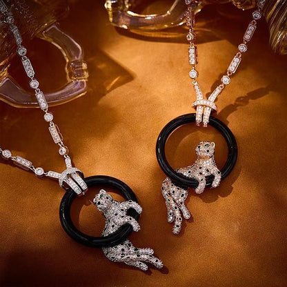 [⭐Hyrra Jewelry jewelrys]NEW BLACK CIRCLE PANTHER FULL DIAMOND NECKLACE