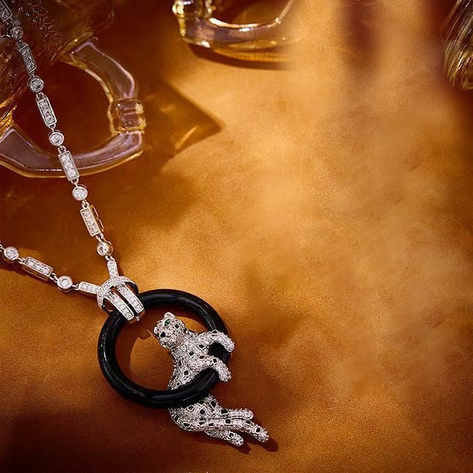 [⭐Hyrra Jewelry jewelrys]NEW BLACK CIRCLE PANTHER FULL DIAMOND NECKLACE