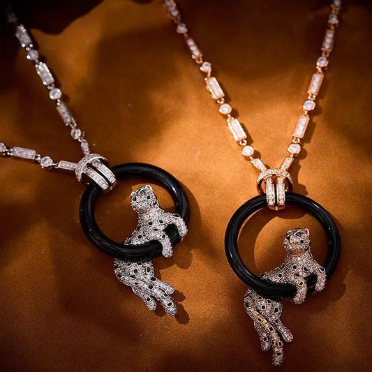 [⭐Hyrra Jewelry jewelrys]NEW BLACK CIRCLE PANTHER FULL DIAMOND NECKLACE