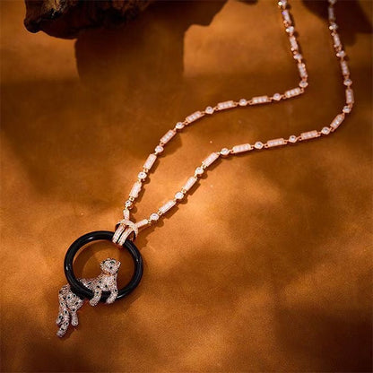 [⭐Hyrra Jewelry jewelrys]NEW BLACK CIRCLE PANTHER FULL DIAMOND NECKLACE