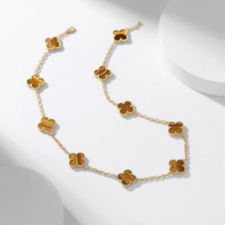 [⭐Hyrra Jewelry]CLOVER 10 MOTIFS TIGER EYE NECKLACE