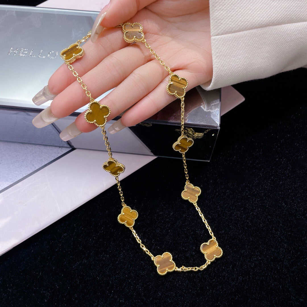 [⭐Hyrra Jewelry]CLOVER 10 MOTIFS TIGER EYE NECKLACE