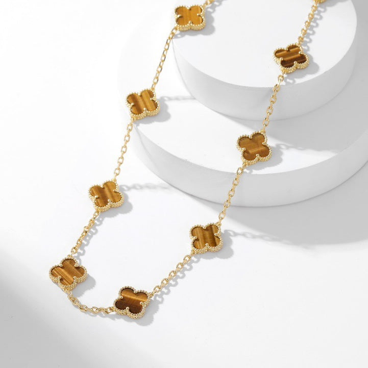 [⭐Hyrra Jewelry]CLOVER 10 MOTIFS TIGER EYE NECKLACE