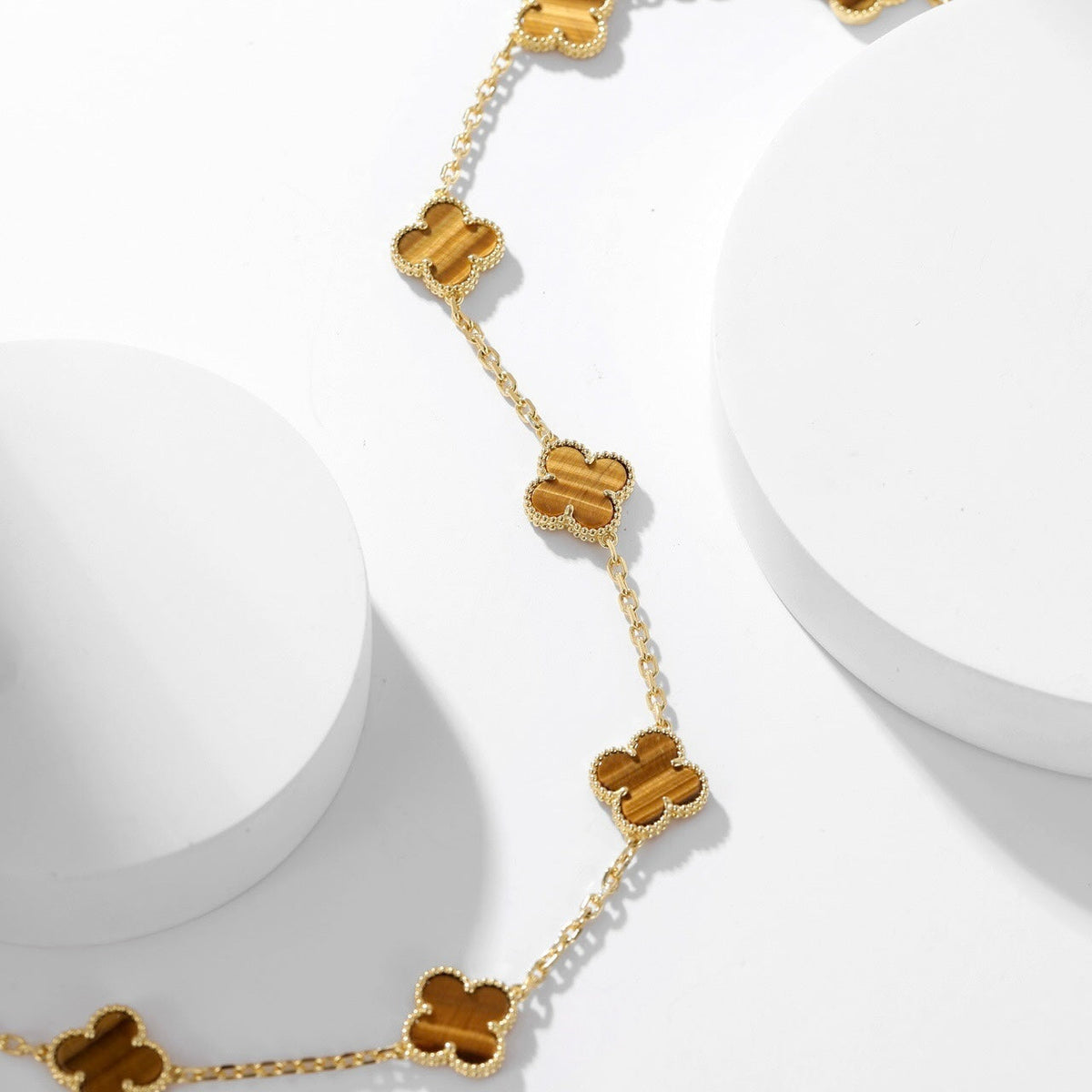 [⭐Hyrra Jewelry]CLOVER 10 MOTIFS TIGER EYE NECKLACE