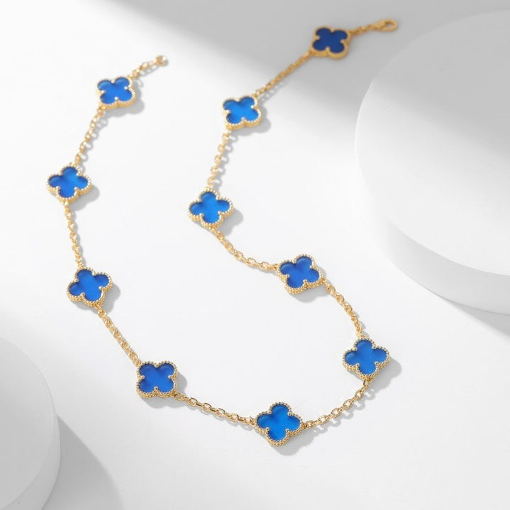 [⭐Hyrra Jewelry]CLOVER 10 MOTIFS BLUE AGATE NECKLACE
