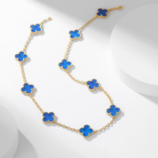[⭐Hyrra Jewelry]CLOVER 10 MOTIFS BLUE AGATE NECKLACE