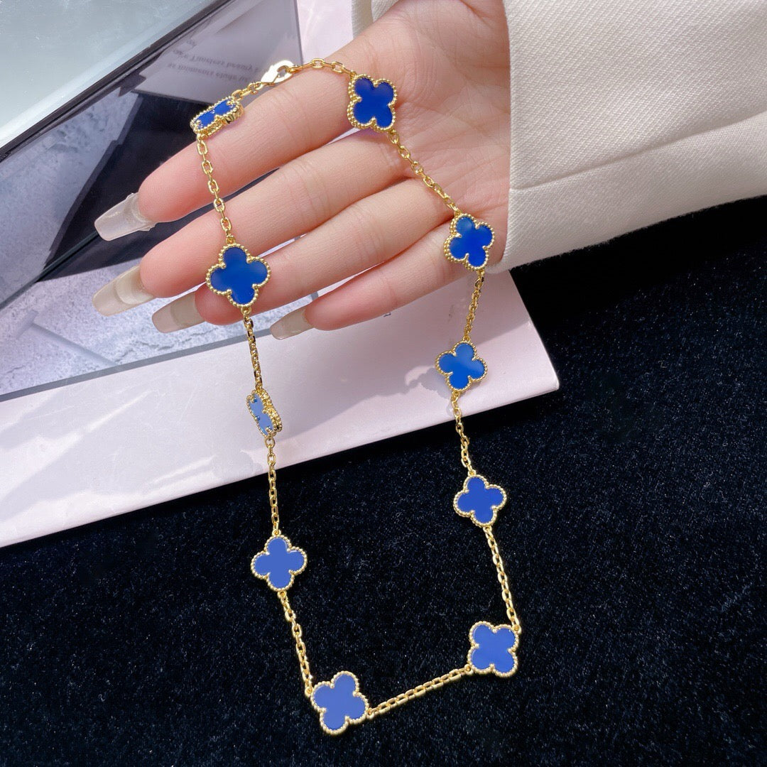 [⭐Hyrra Jewelry]CLOVER 10 MOTIFS BLUE AGATE NECKLACE