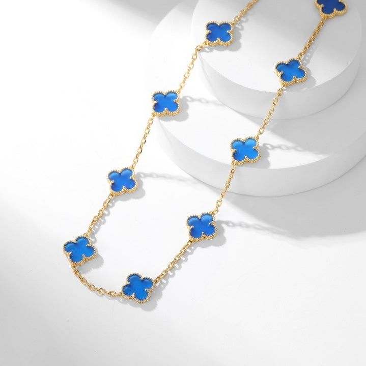 [⭐Hyrra Jewelry]CLOVER 10 MOTIFS BLUE AGATE NECKLACE