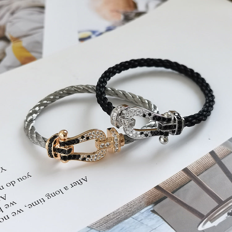 [⭐Hyrra Jewelry]FORCE LARGE HORSESHOE BLACK WHITE DIAMOND BRACELET SILVER