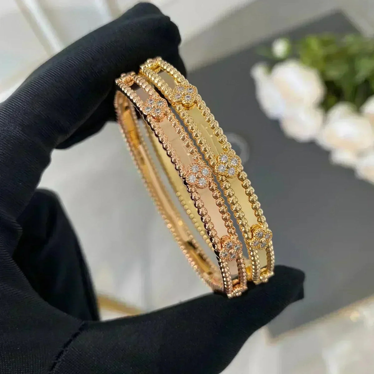 [⭐Hyrra Jewelry]CLOVER BRACELET 4MM DIAMONDS