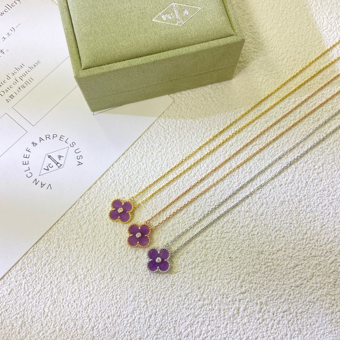 [⭐Hyrra Jewelry Jewelry]CLOVER 15MM DIAMOND  PURPLE VIOLET NECKLACE