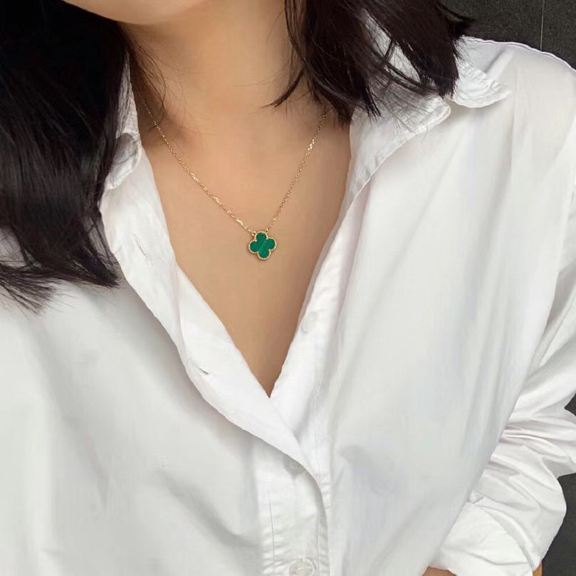 [⭐Hyrra Jewelry]CLOVER 15MM MALACHITE SINGLE FLOWER  NECKLACE