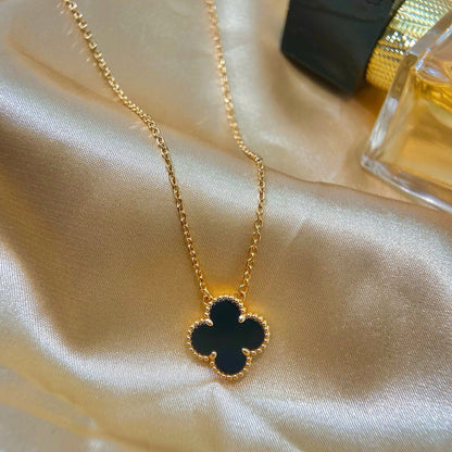[⭐Hyrra Jewelry]CLOVER 15MM BLACK ONYX SINGLE FLOWER NECKLACE