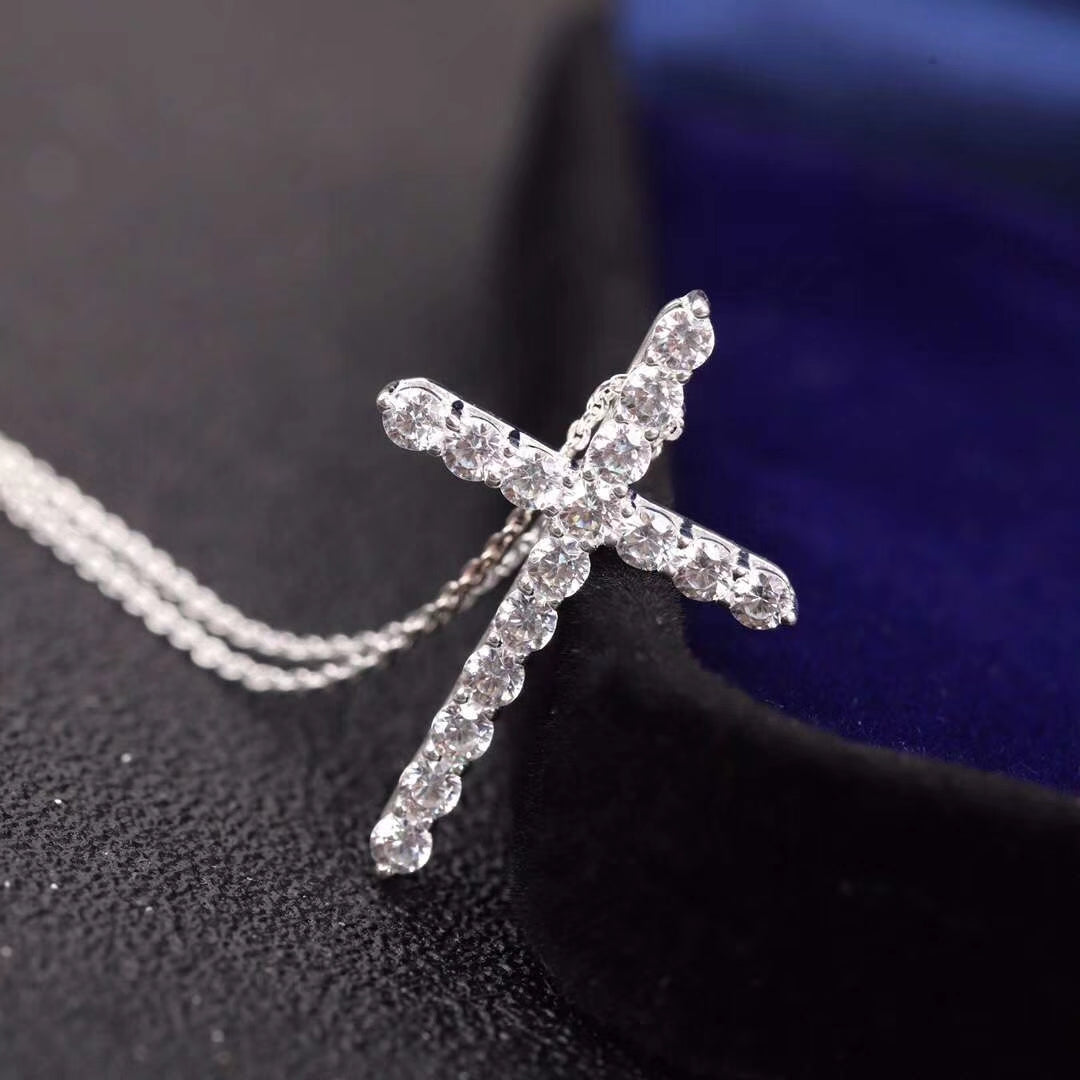 [Hyrra Jewelry]MOISSANITE STONE CROSS PENDANT NECKLACE SIMULATED DIAMOND CROSS CHOKER