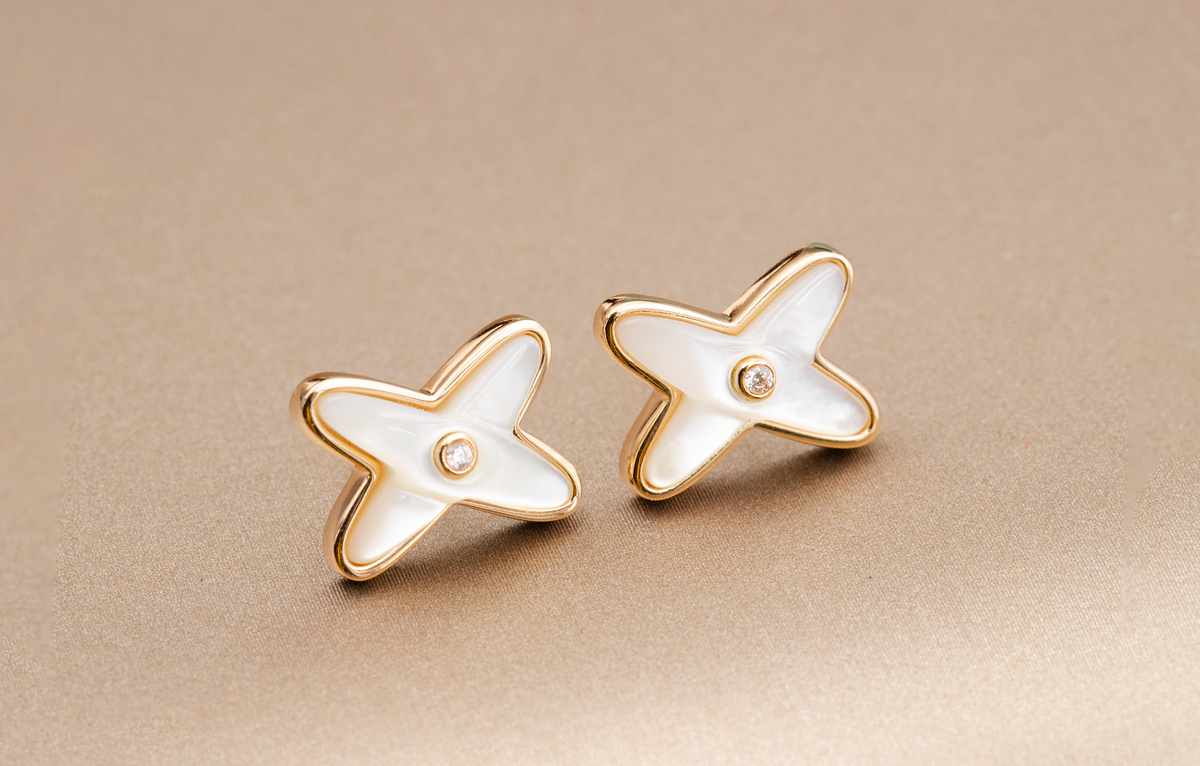 [⭐Hyrra Jewelry]JEUX DE WHITE MOP PINK GOLD DIAMOND EARRINGS